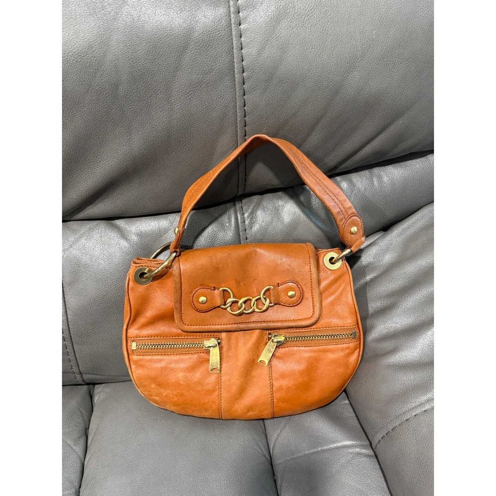Cynthia Rowley Brown‎ Leather Shoulder Bag Chain Detail Zip Pockets Flap Closure